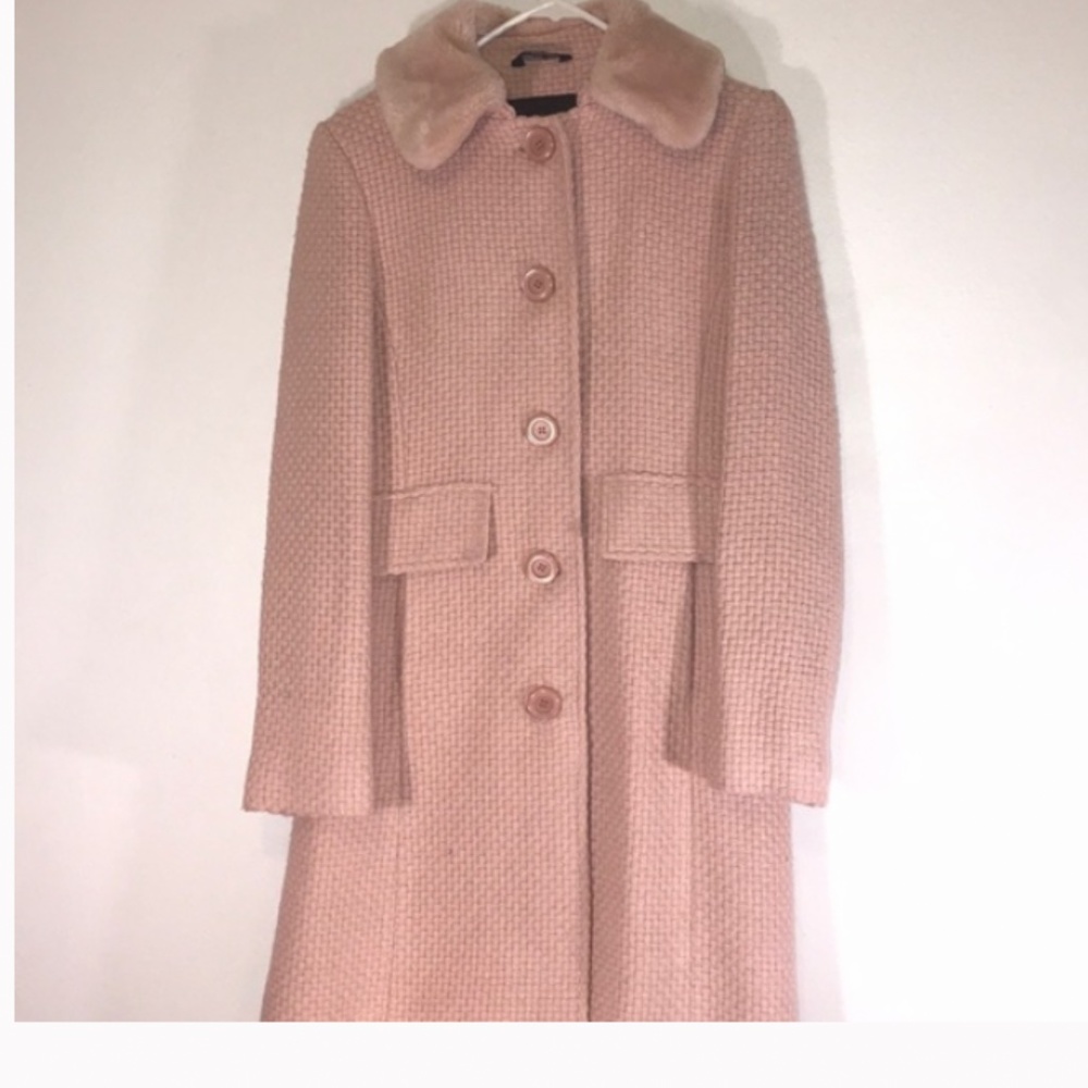Vintage Wool coat faux fur collar w/basket weave ~ pink/blush